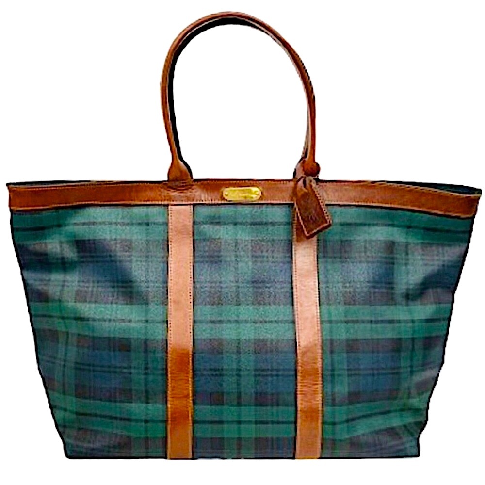 RALPH LAUREN Black Watch Plaid Coated Canvas Brown
Leather Top Zip Shoulder Bag